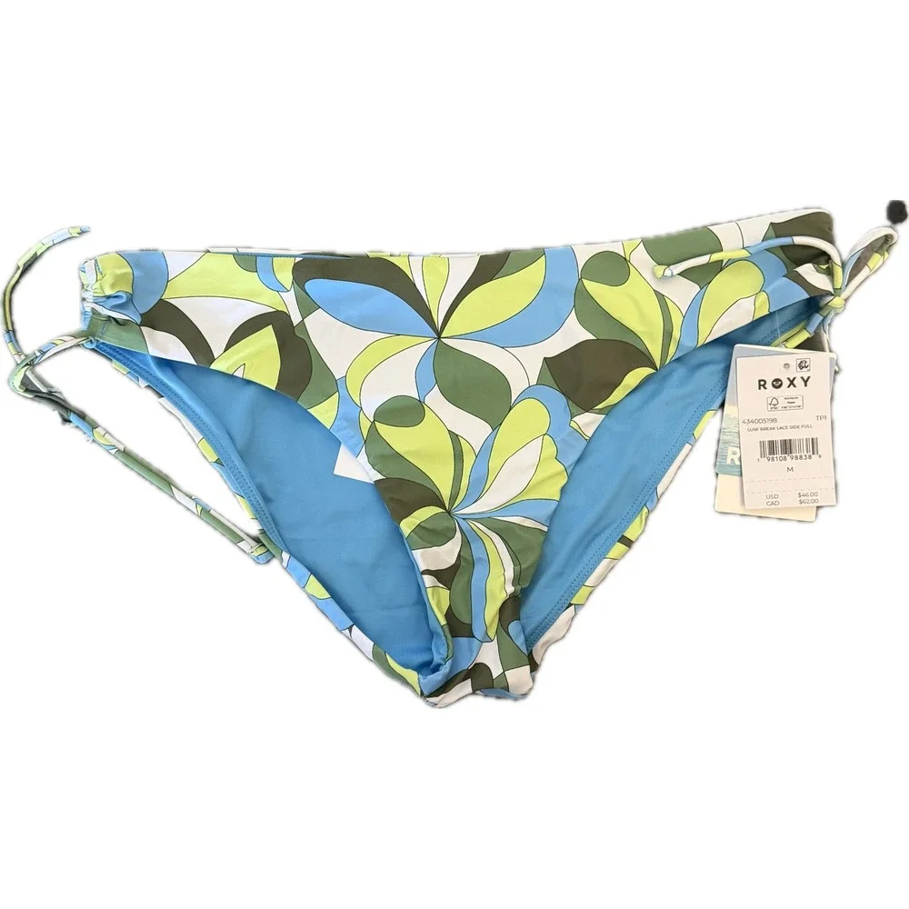 NWT Roxy Green Tropics Side Tie Bikini Bottoms UPF 50+ Quick Dry Medium